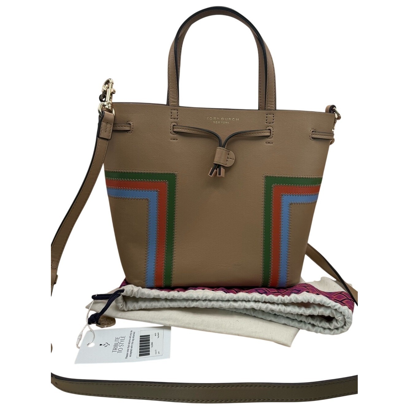 Tory Burch Mcgraw Small Bucket Bag Tan Leather Multi Color Stitching Crossbody